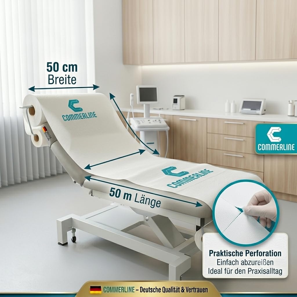 Commerline Rollos Médicos | 6 Rollos | 50 cm x 50 m 2 Capas | Cubierta Desechable Para Tumbonas | Fundas Blancas De Alta Calidad | Higiénicos | Ideal Para Consultas, Médicos, Masajes, Cosméticos | Cojín desechable de 2 capas para tumbonas de examen y masa