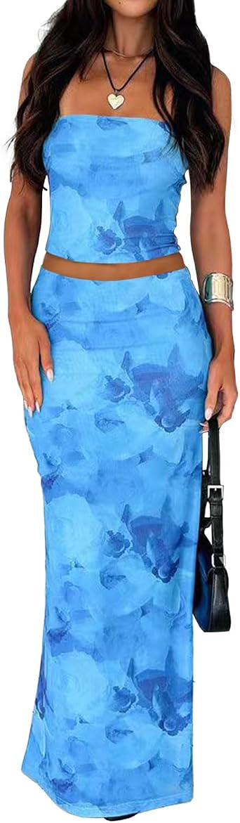 Goafuliy 2 Piece Skirt Sets for Women Summer, Floral Sleeveless Tube Top Bodycon Maxi Skirts Y2k Vacation Going Out Outfits