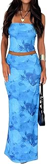 2 Piece Skirt Sets for Women Summer, Floral Sleeveless Tube Top Bodycon Maxi Skirts Y2k Vacation Going Out Outfits