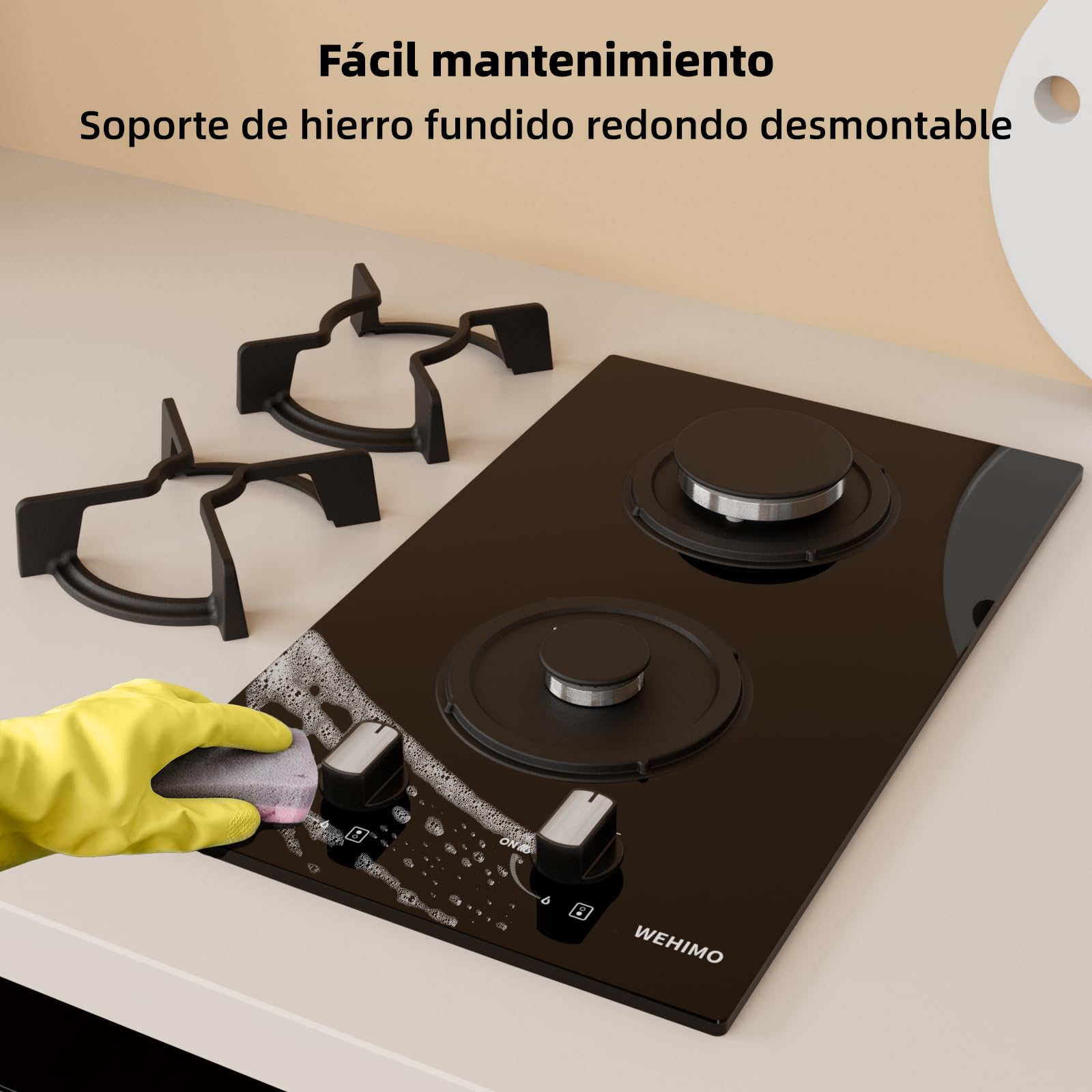 WEHIMO - Placa de cocina de gas de 2 fuegos, 2 fuegos empotrable, rejilla hierro fundido, 3700 W, gas ciudad y botella, cristal negro