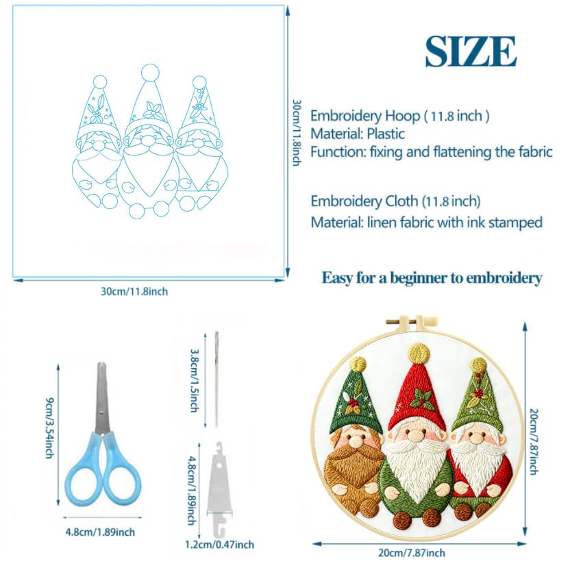 Image of Zhenqing 3 Gnomes Embroidery Kit for Beginners - 29x29cm Printed Fabric, Hoop & Full Tools Included (C0028)