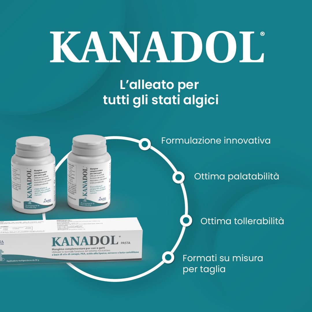 Aurora Biofarma Kanadol 50 Compresse - Mangime complementare utile per la normale funzione del sistema nocicettivo ed endocannabinoide - Adatto a Cani e Gatti