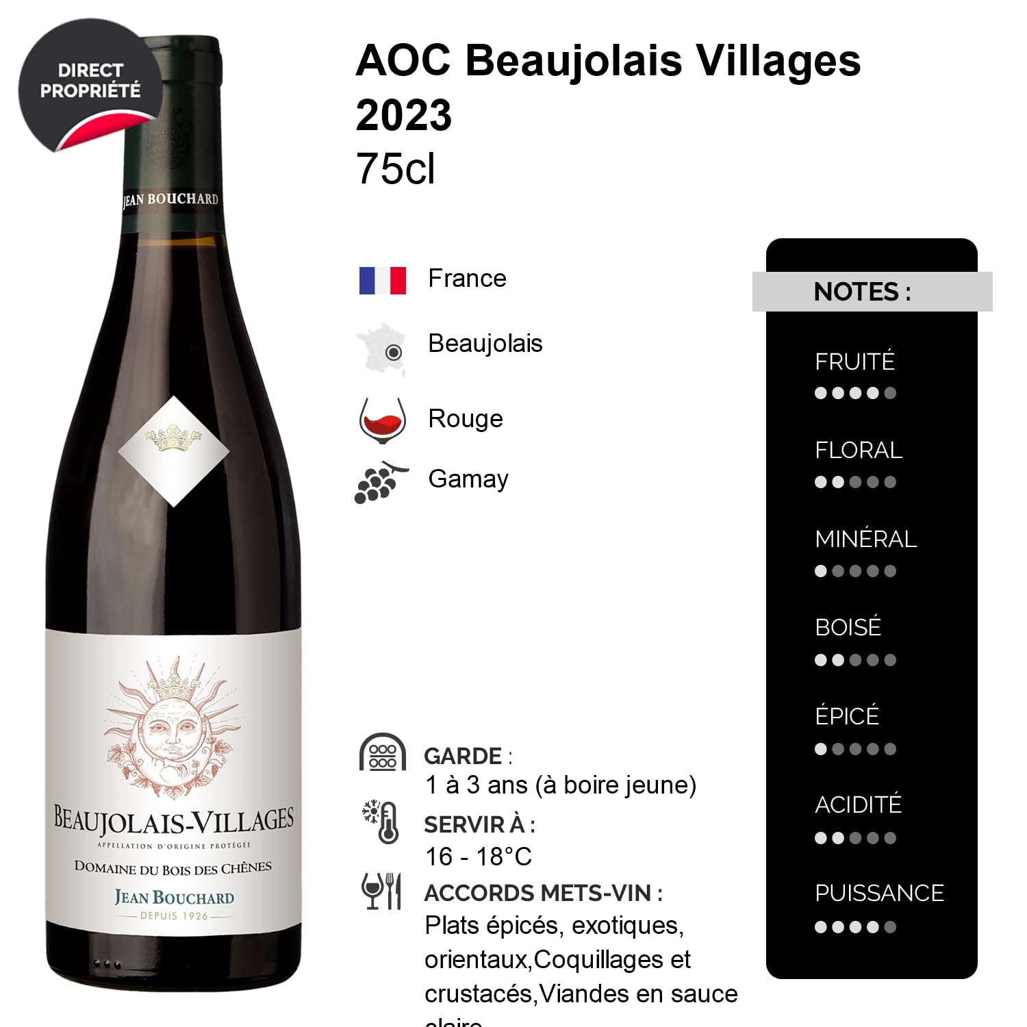 Beaujolais Villages Domaine du Bois des Chênes - Rouge 2023 - Jean Bouchard - Vin Rouge du Beaujolais (6x75cl)
