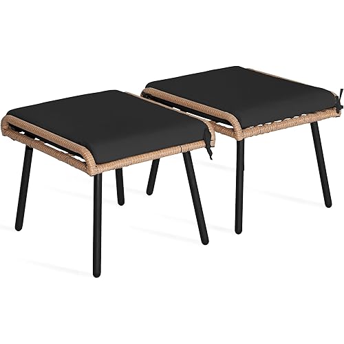 YITAHOME 2-Piece Outdoor Wicker Ottoman, All-Weather Patio Rattan Foot Rest with Cushions - Black