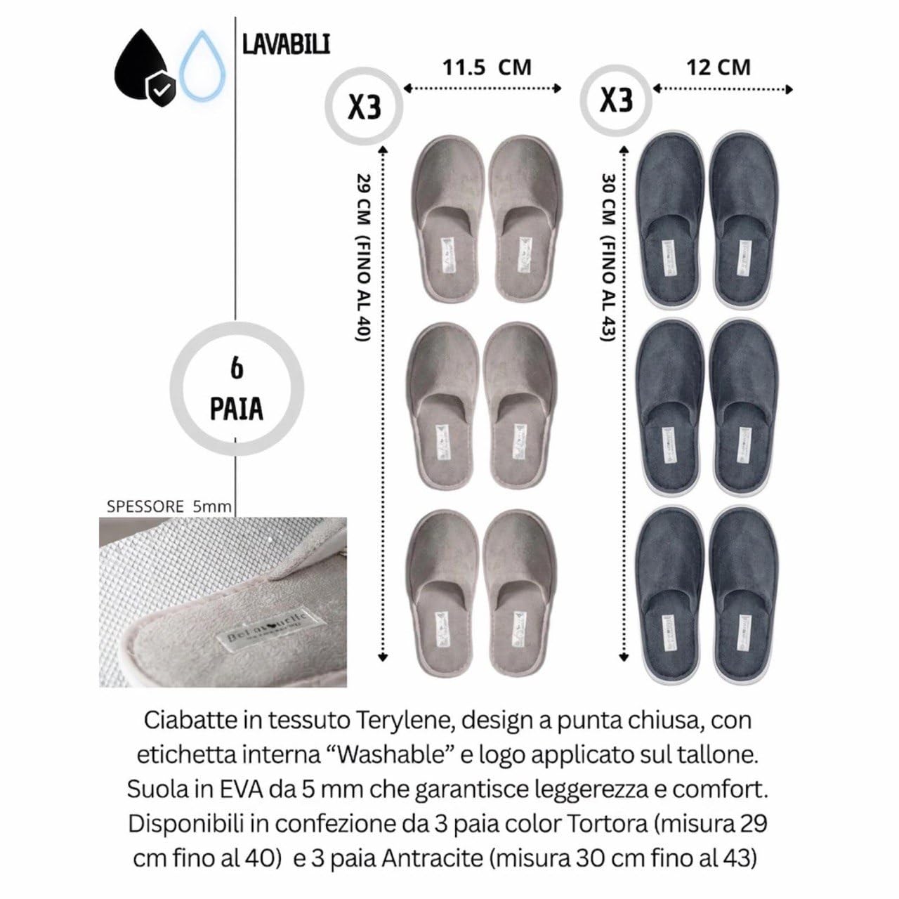 Set 6 Paia Ciabatte Ospiti Lavabili Lavatrice | 3 Tortora (fino al 40) + 3 Antracite (fino al 43) | pantofole per ospiti Antiscivolo, Suola 5mm, Unisex, Ideali per Casa, Hotel, B&B e Spa
