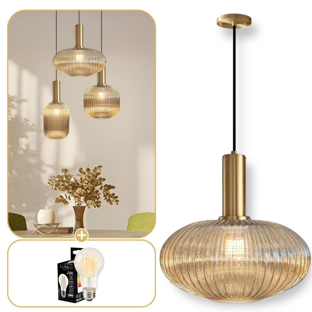 Suspension verre fumé Cristali | Lustre vintage pour salle à manger, ilot de cuisine, entree | suspension luminaire salon doré | Suspension vintage (Ambre Brillant, C - Poignée Tube)
