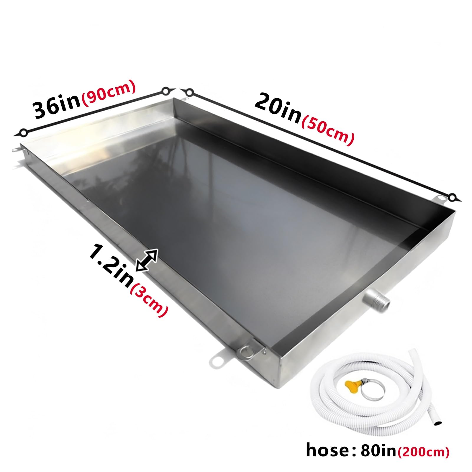 Automatische Auffangwanne Robuste Edelstahl Ablaufwanne mit 2m Ablaufrohr Mehrzweck Bodenschutzwanne for Innen und Außengeräte Gewächshaus und Werkzeugaufbewahrung(36x20x1.2in)