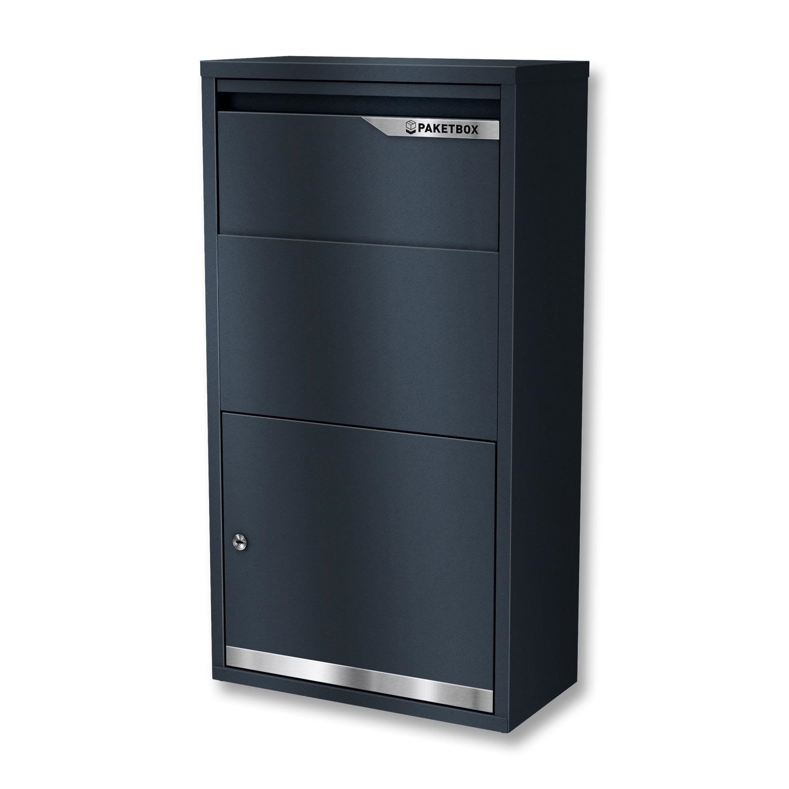 Metzler® Paketbox mit kontaktloser Paketannahme und Sicherheitsschloss anthrazit RAL7016 wetterfest und standfest für außen mit Edelstahlleisten und Klappensystem Avalon 3 Avalon 3 Anthrazit