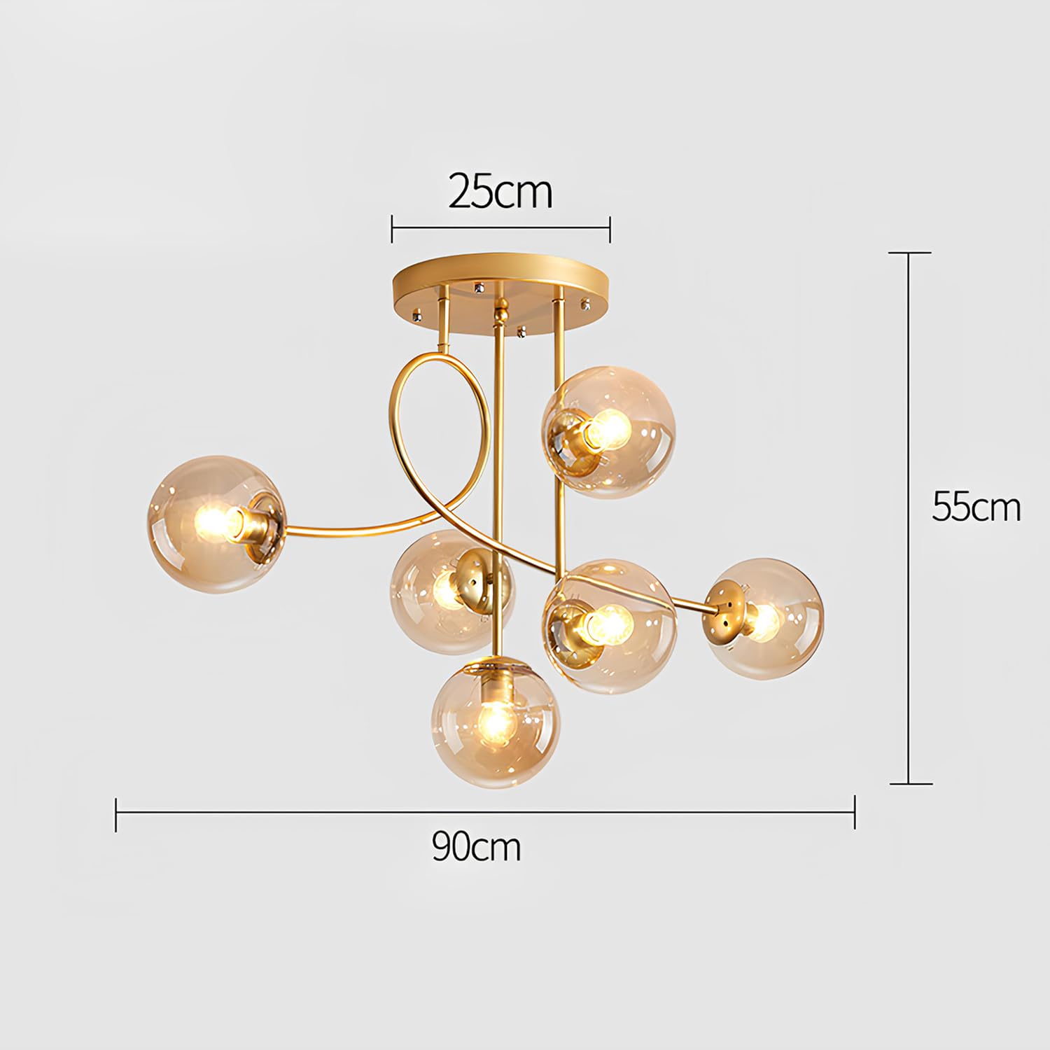 Lampadario moderno a soffitto E27 a 6 luci, lampadario a sospensione vintage in metallo con sfera di vetro E27 per camera da letto, soggiorno, cucina, loft, diametro 90 cm