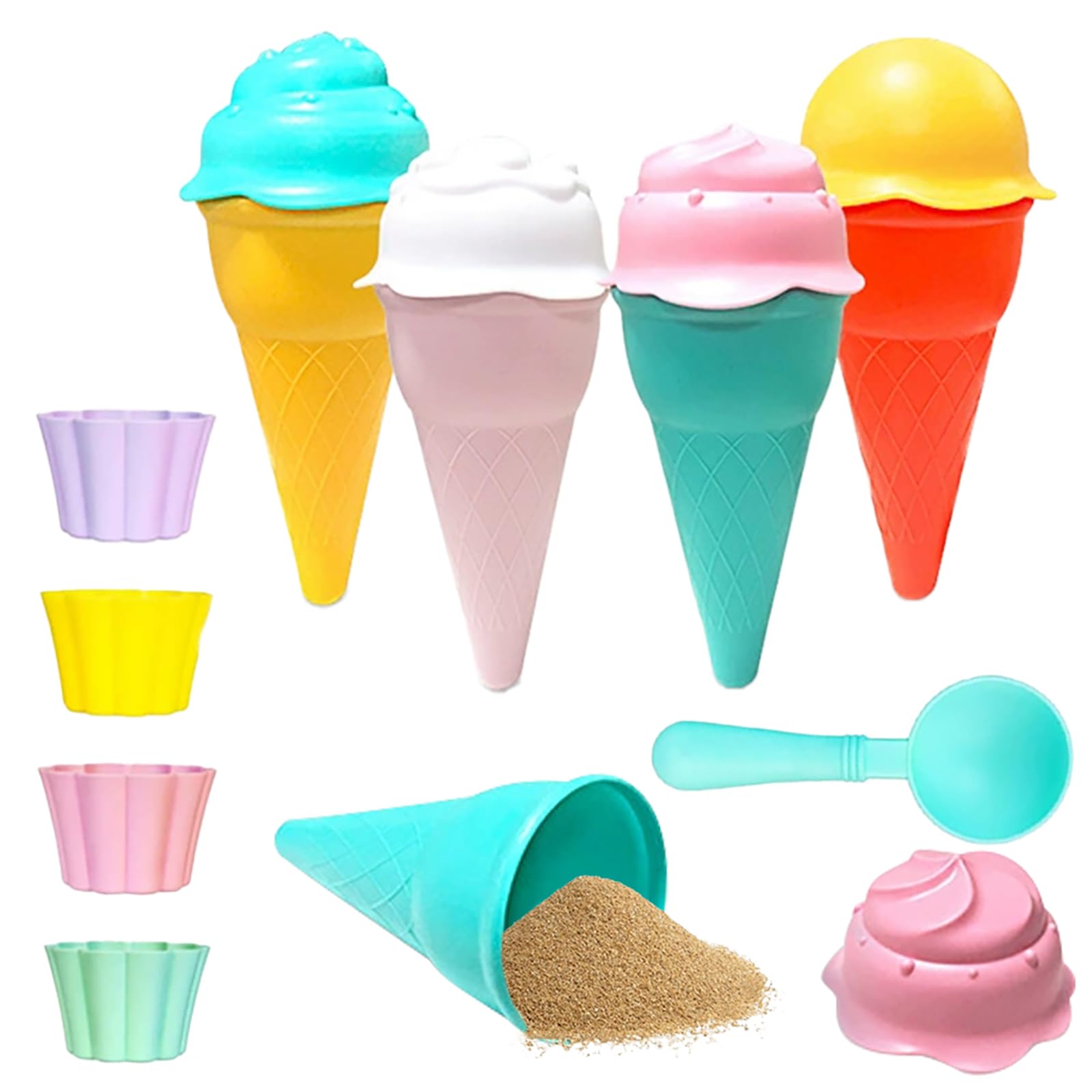 13 Piece Ice Cream Kinetic Sand Toys Set ,Sand Beach Toys for Kids , Ice Cream Bath Toy,Magic Sand Moulds Coloured -Ice Cream Mould Set with Cones Scoop and Tubs
