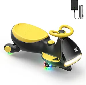 FanttikRide N7 Classic Electric Wiggle Car with Pedal, Rechargeable Battery, Ride on Toys, Swing Car, 2 Speeds, Anti-Rollover, Flashing Light Wheels, Bluetooth, for Ages 3 and Up, 150 Lbs, Yellow