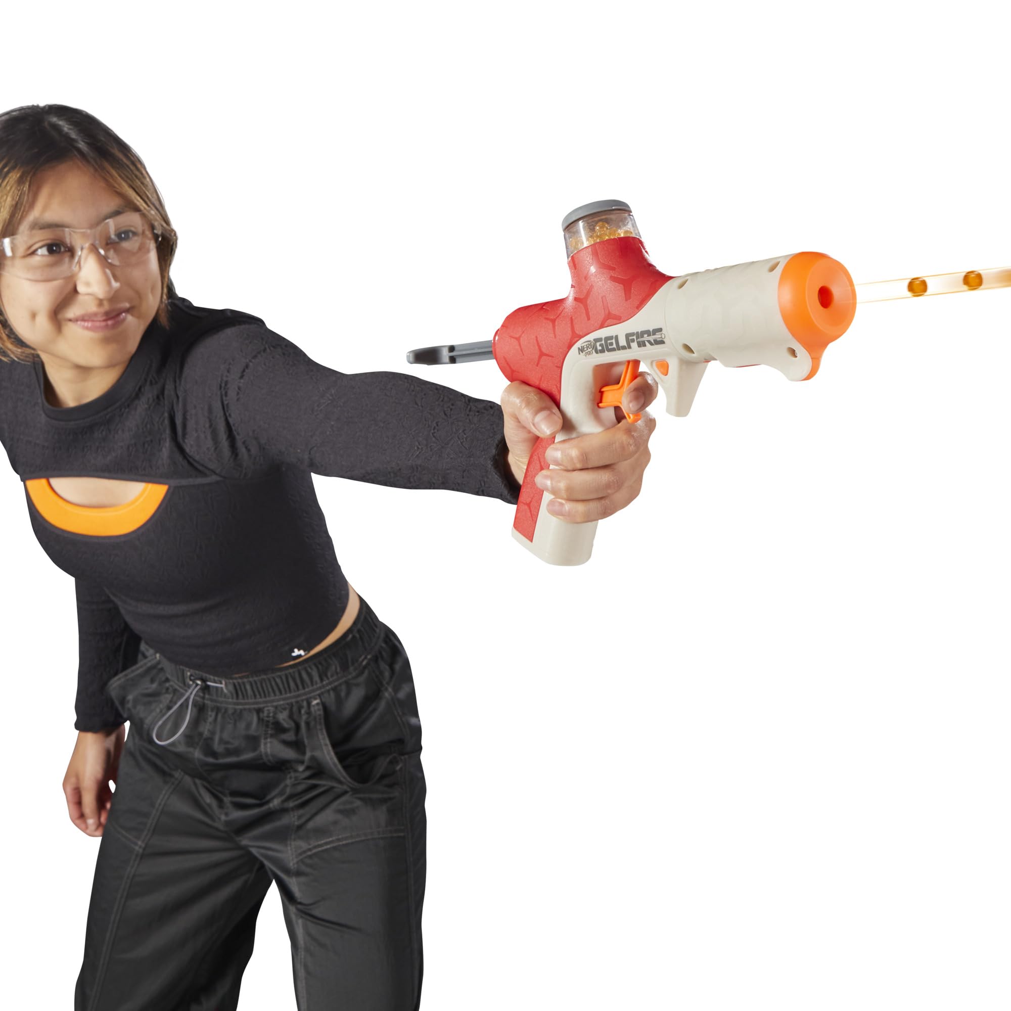 Nerf Pro Gelfire Twist Shot Blaster, 150 FPS, 5.000 cartucce Gelfire, alimentazione T-Pull, caricatore integrato da 80 cartucce, occhiali protettivi per età superiore ai 14 anni