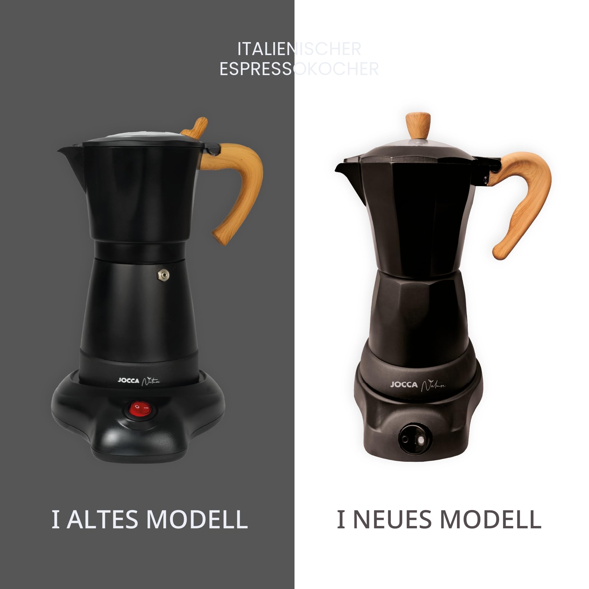 JOCCA, Italienische Kaffeemaschine, elektrisch, Aluminium, 6 Tassen, tragbare und manuelle Kaffeemaschine mit Holzgriff, Schwarz, Mokka-Stil