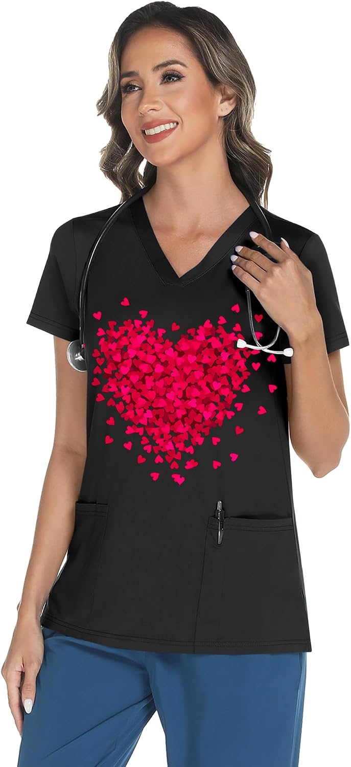 LOMON V Neck Print Scrub Tops for Women Short Sleeve Scrub Shirts Stretchy Holiday Nurse Uniform with 2 Pockets