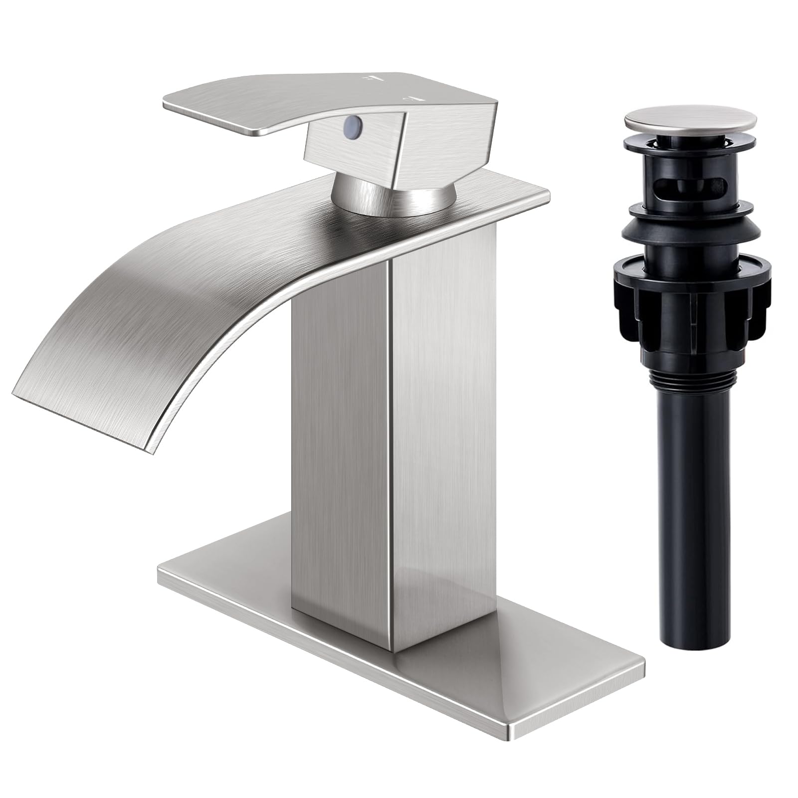 QomolangmaWaterfall Bathroom Faucet, Brushed Nickel Modern Single Handle Bathroom Faucets for 1 or 3 Hole Bathroom Sink Faucet Mixer Tap Washbasin Faucet with Deck, Pop-up Drain and Supply Hoses