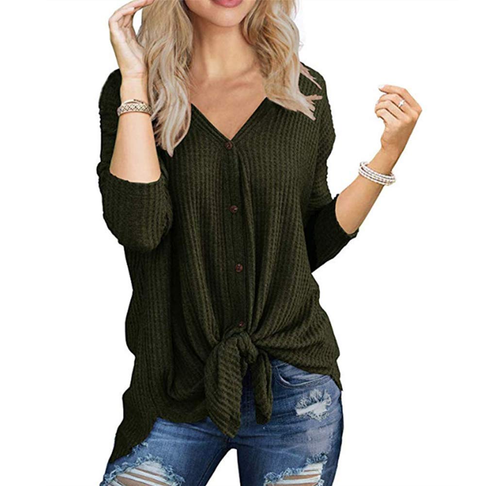 Womens Long Sleeve Waffle Knit Tunic Blouse Tie Knot Henley Tops Loose V-Neck Fitting Bat Wing Plain Shirts