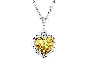 925 Sterling Silver Heart/Round/Pear/Emerald Cut Simulated Birthstone Halo Necklace, November Birthstone Yellow...