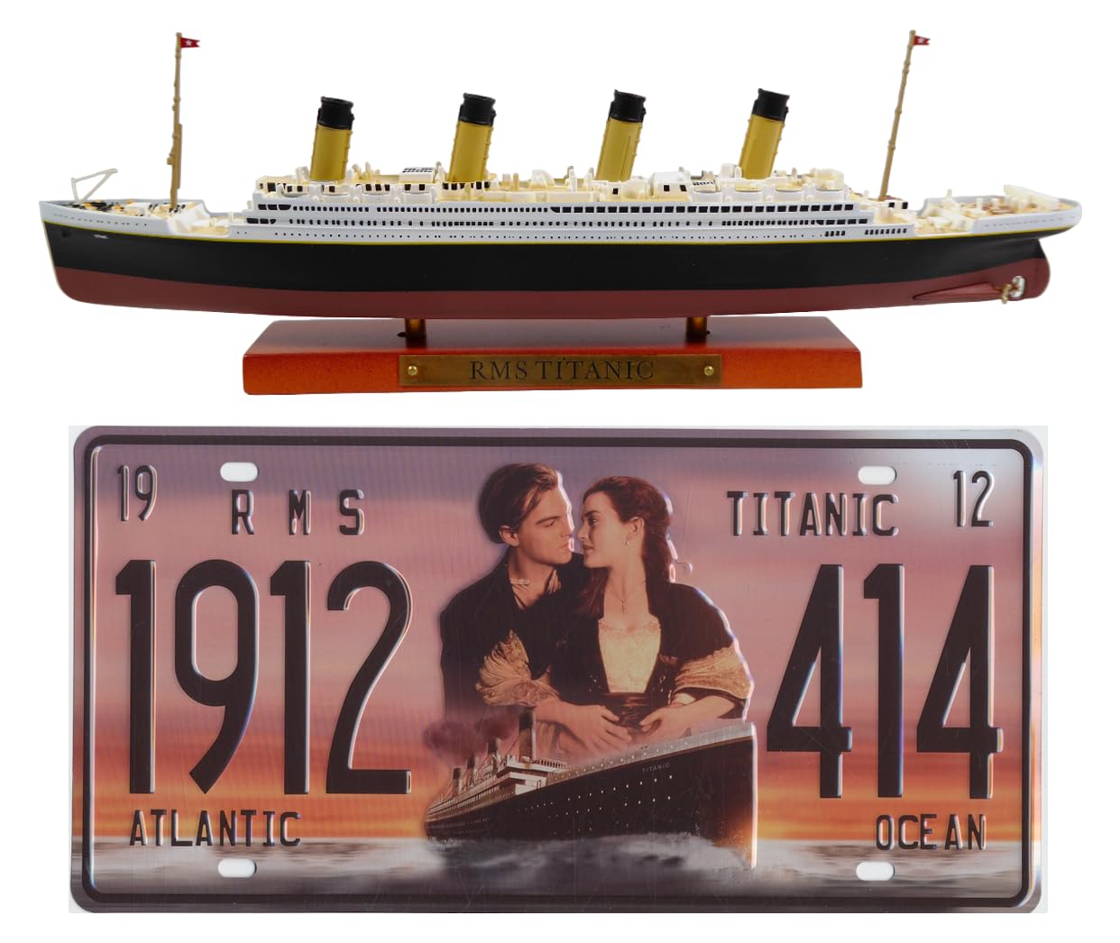 OPO 10 - Lotto di 2 Oggetti da Collezione del Famoso transatlantico RMS Titanic: Nave + Targa Decorativa