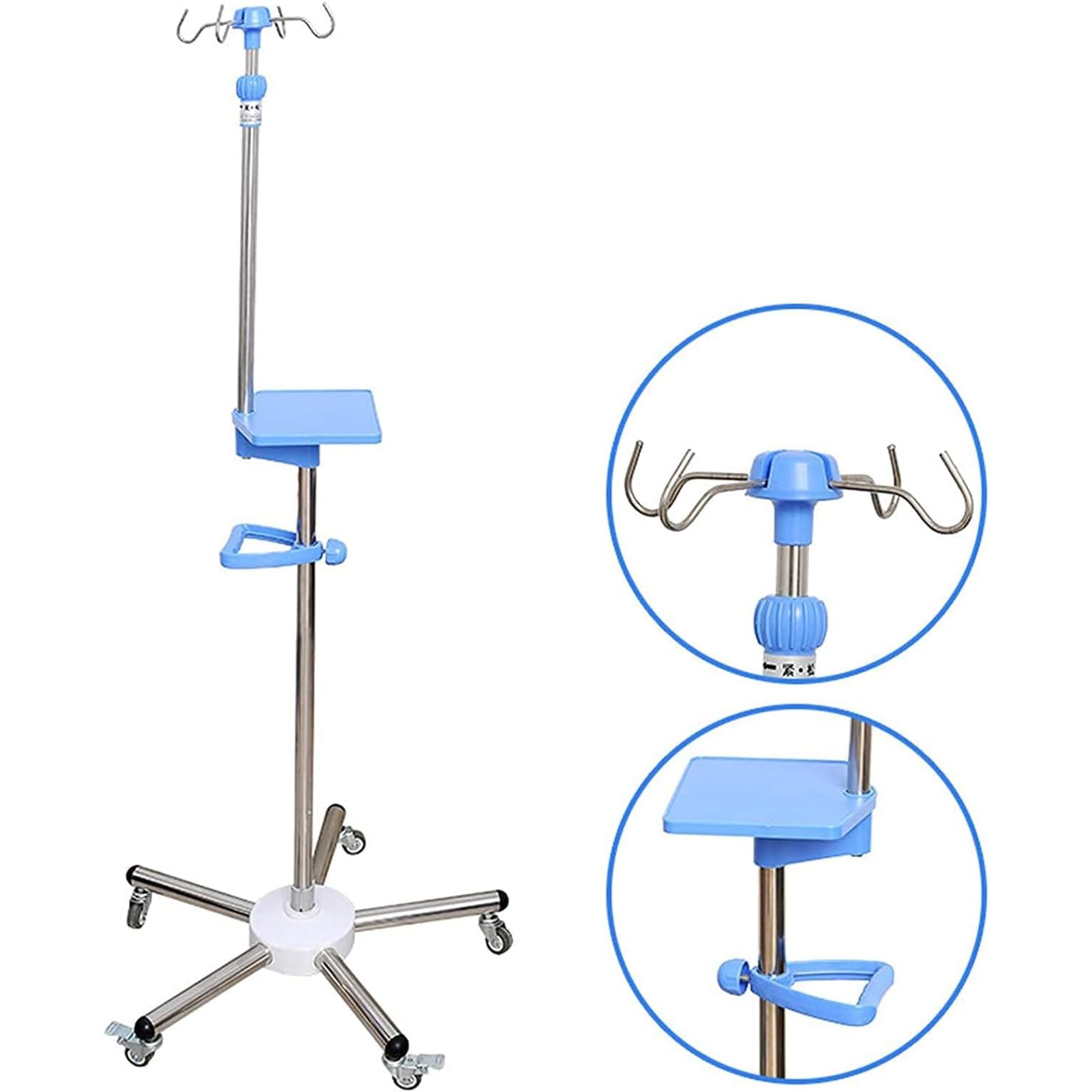 Stojak na kroplówkę IV pionowy stojak z regulacją wysokości, mobilny stojak do infuzji z kółkami i 4 haczykami, stojak ociekowy ze stali nierdzewnej, do szpitala, kliniki, opieki rodzinnej