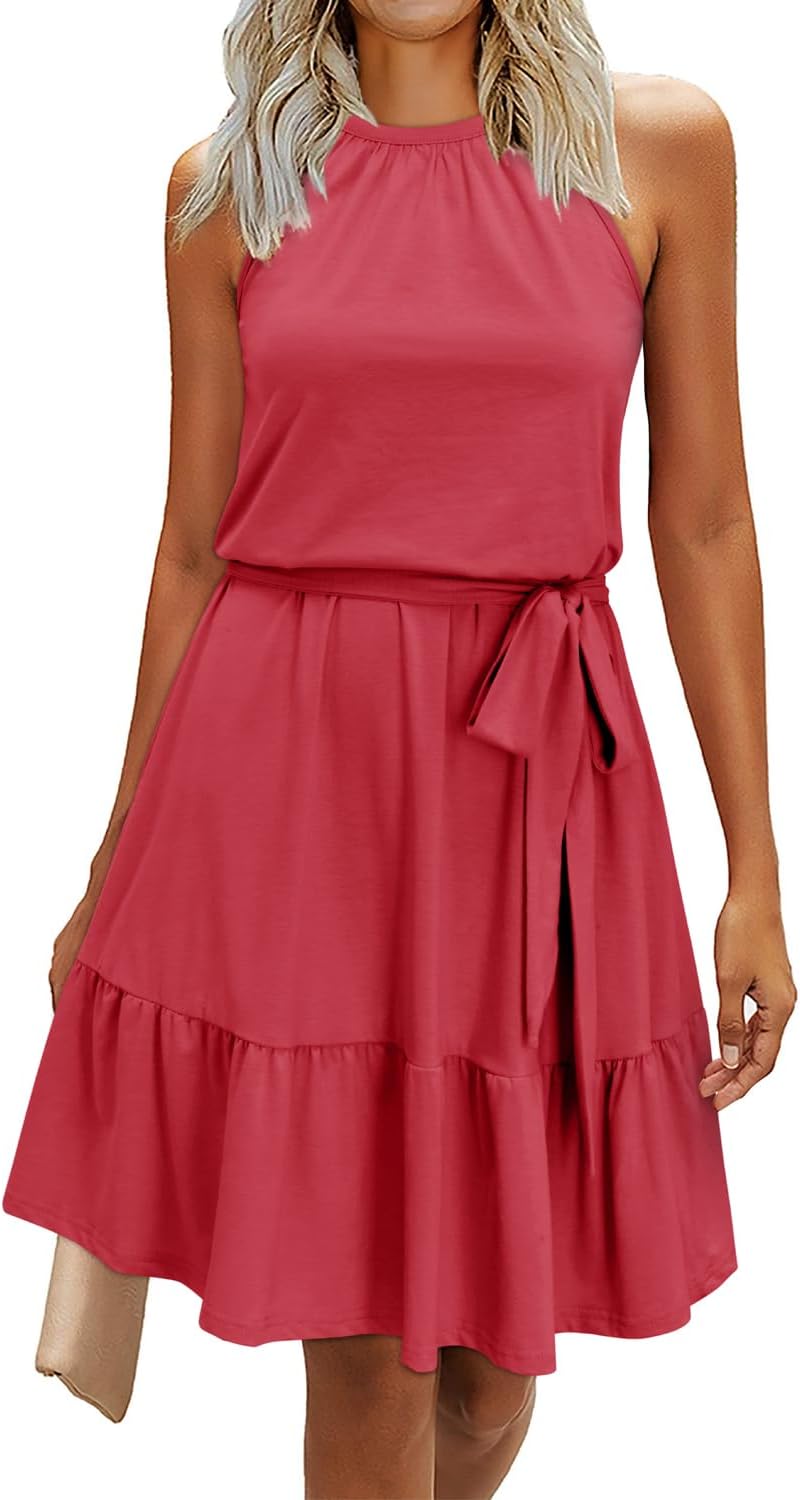 Newshows Sommerkleider Damen Knielang Elegant Kleid Blumenmuster Neckholder Rüschen Freizeitkleider mit Taschen