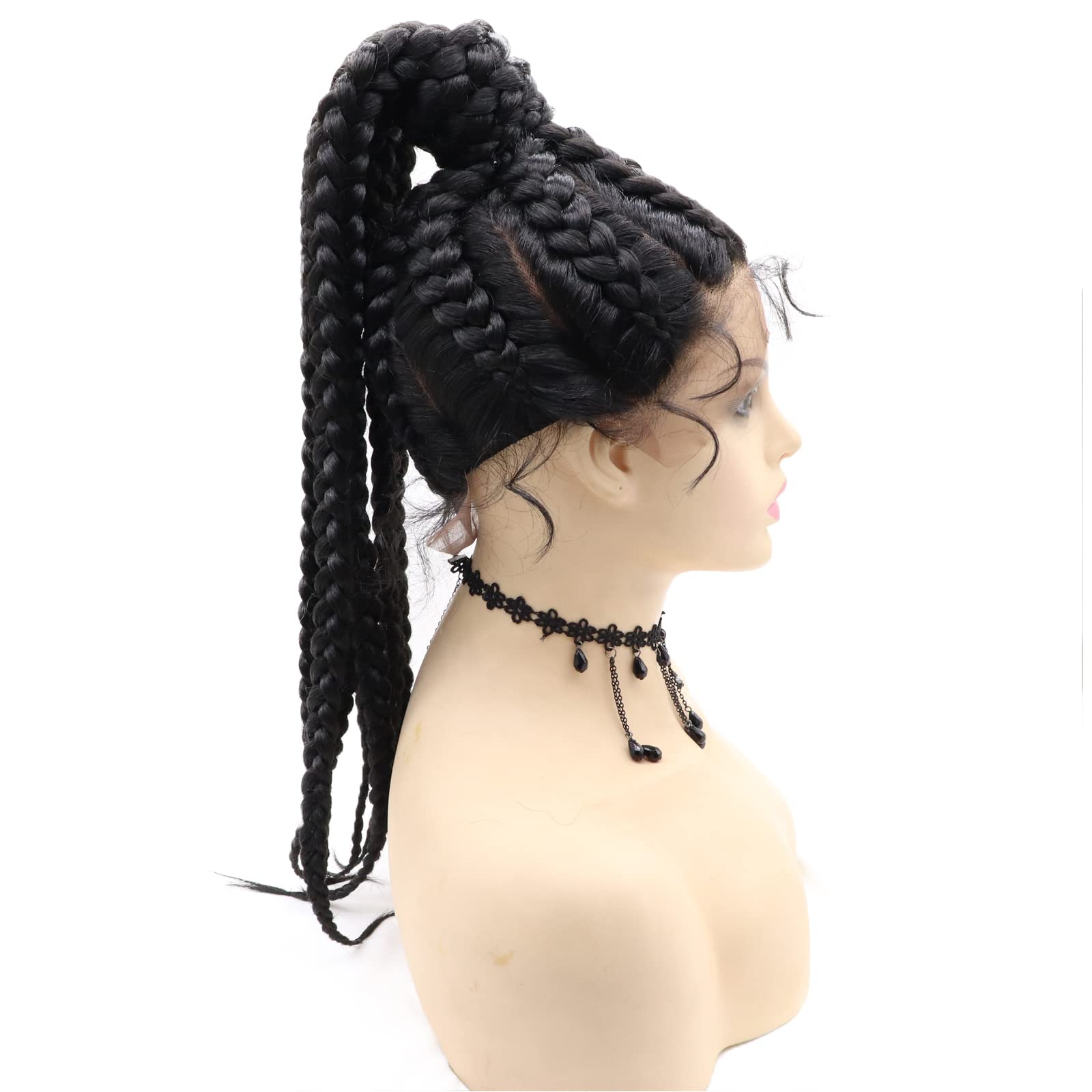 karissa Hair Long Black Braided Wigs for Women Soft 7 Box Braid Cornrow Ponytail Wig with Baby 360 Braids Afro Realistic Full Lace Synthetic Braiding Heat Resistant Fiber Cosplay Daily - Image 3