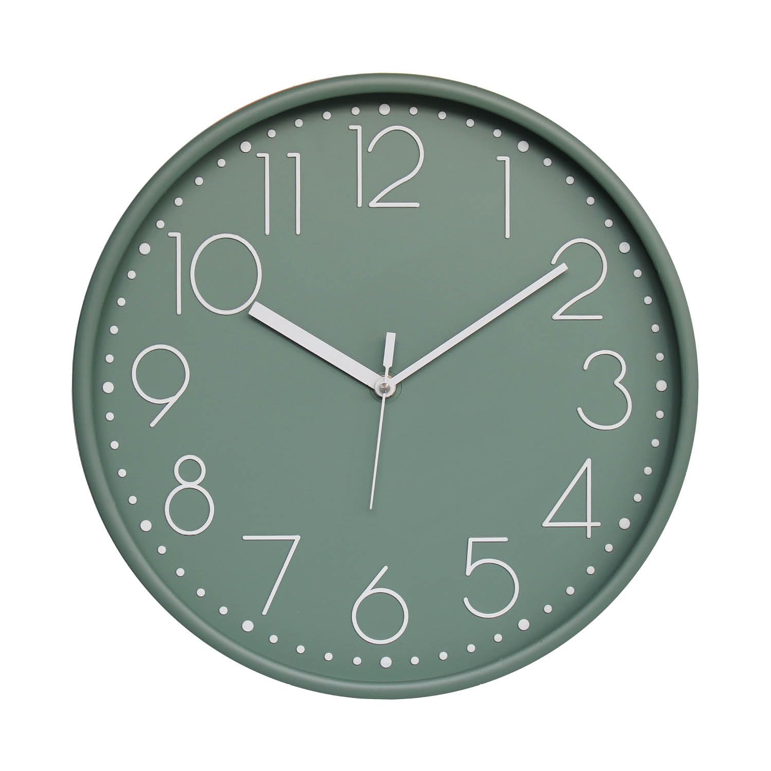 Amazon Brand - Solimo 12-Inch Quartz Plastic Analog Wall Clock | Silent Sweep Movement | Pastel Shade | Embossed Numbers | Glass Cover | Green | Contemporary Design