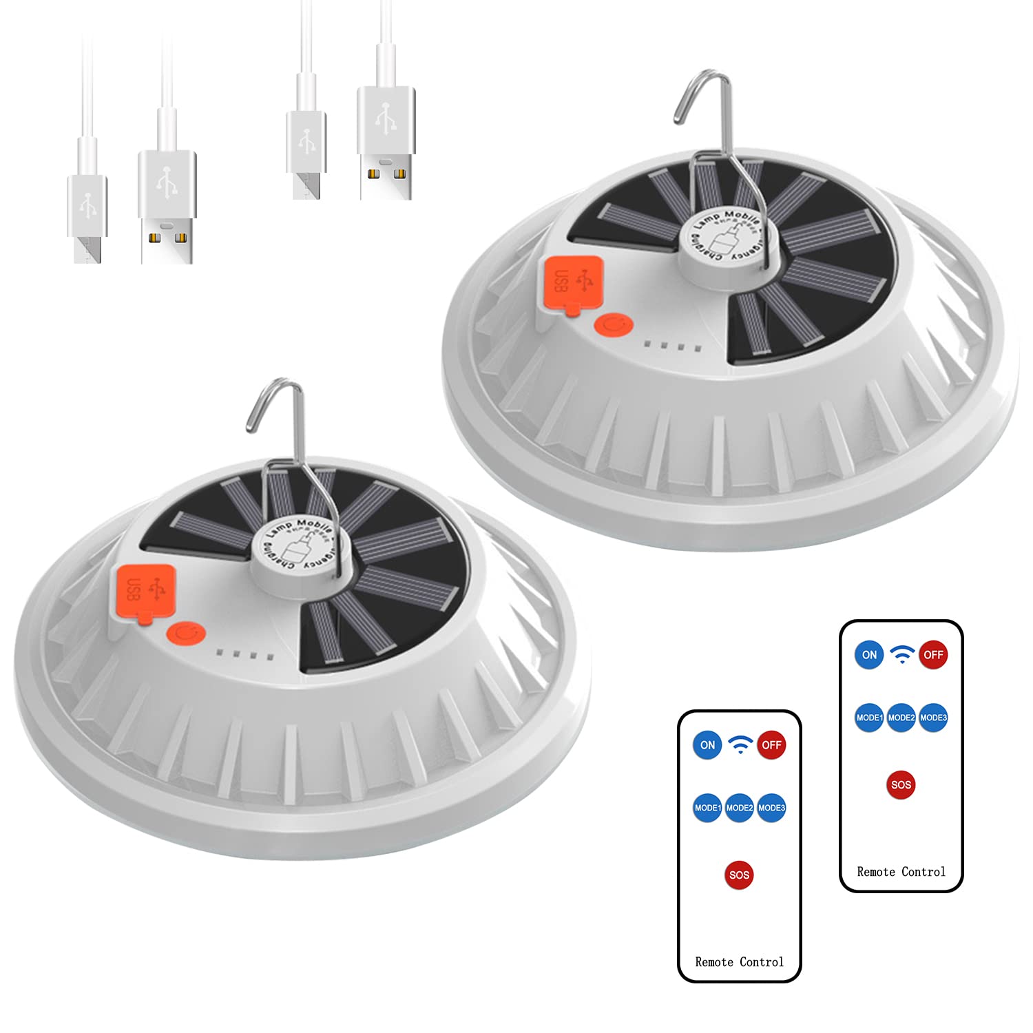 2-Pack Solar Camping Lantern DIBMS LED Portable Solar USB Rechargeable Emergency Flashlight Waterproof Ceiling Lights w/ Remote for Camping Hurricanes Power Outages Homes Indoor Outdoor