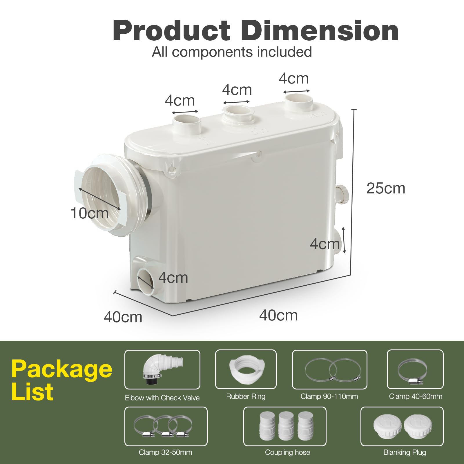 Smerigliatrice sanitaria da 500 W con scarico laterale, pompa di sollevamento per WC, lavanderia, cucina cantina, motore in rame, funzionamento silenzioso, installazione facile, 230 V