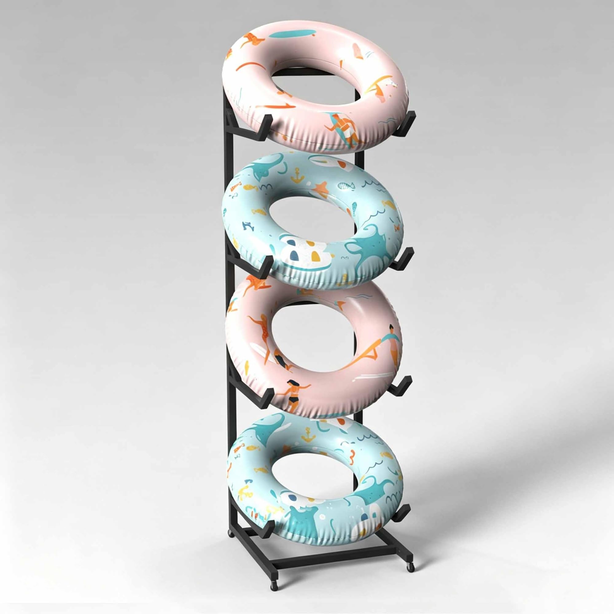 Asiwnshw Swim Ring & Float Storage Rack w/Wheels, 4-Tier Pool Organizer for Floats and Toys, Iron Paddleboard Organizer, Swimming Equipments Drying Stand for Indoor Outdoor