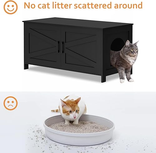 Miniatura 82 de Homhedy - Caja de arena para gatos, muebles de madera para baño de gatos con puerta de granero, casa para mascotas, se adapta a la mayoría de cajas