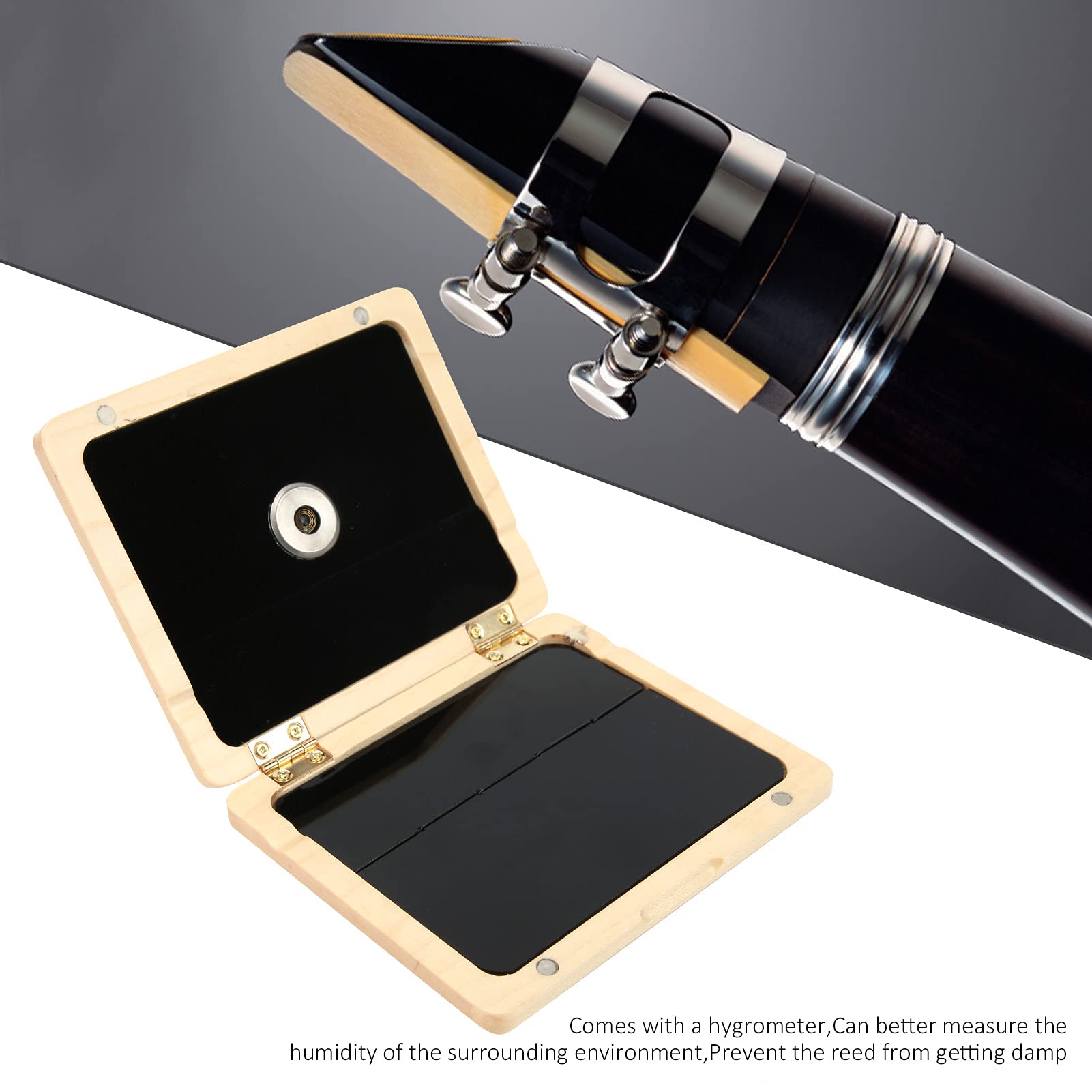 Estuche de Lengüeta, Saxofón de Madera Maciza, Clarinete, Estuche de 5 Lengüetas con Higrómetro, Accesorios de Almacenamiento de Lengüeta de Saxofón(Color madera)