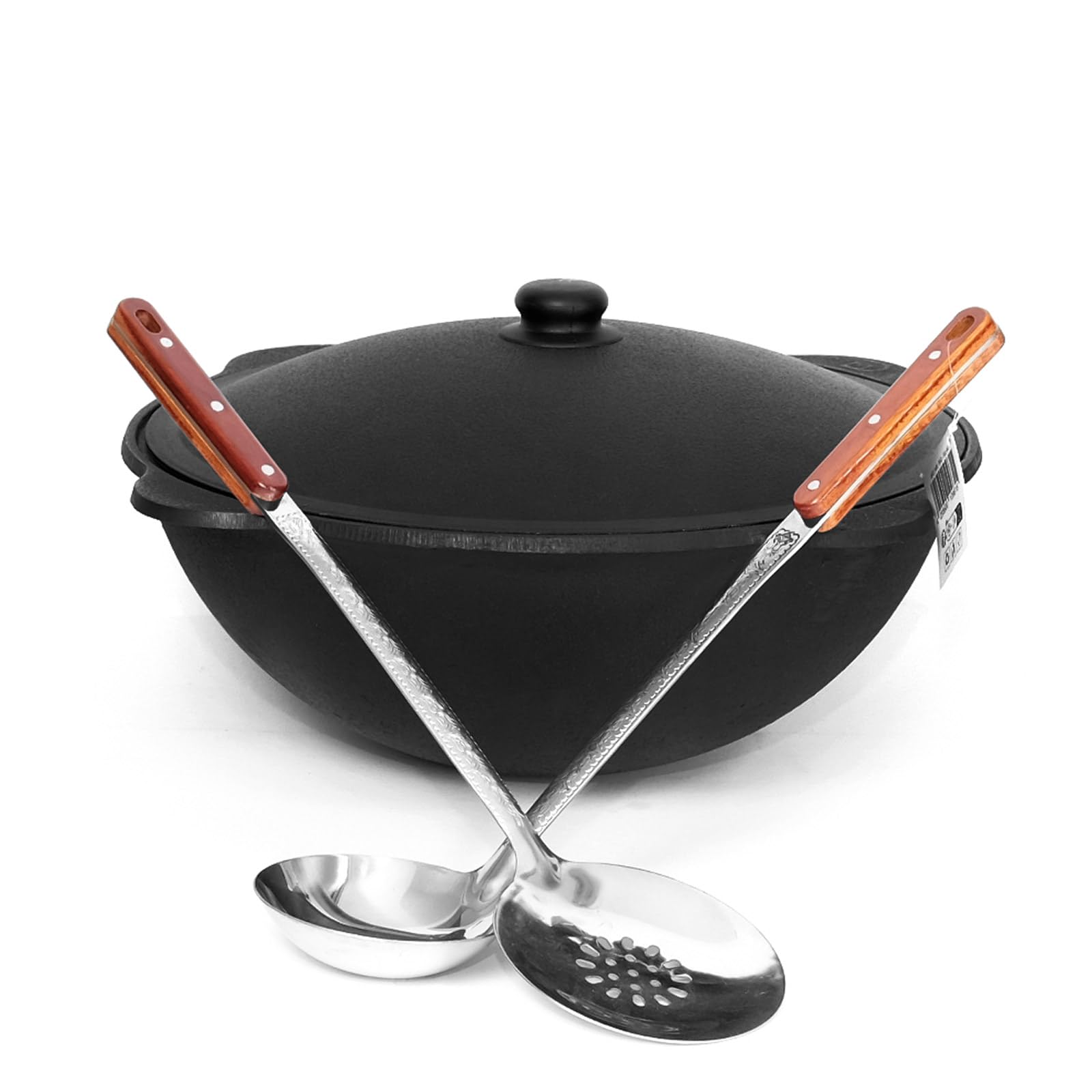Kazan Fonte Ø 46,6 cm 16 l avec couvercle en aluminium, écumoir 48 cm Louche 48 cm Louche 48 cm Casserole Uzbekistan de qualité supérieure 16 l Fonte avec couvercle en aluminium 44⌀