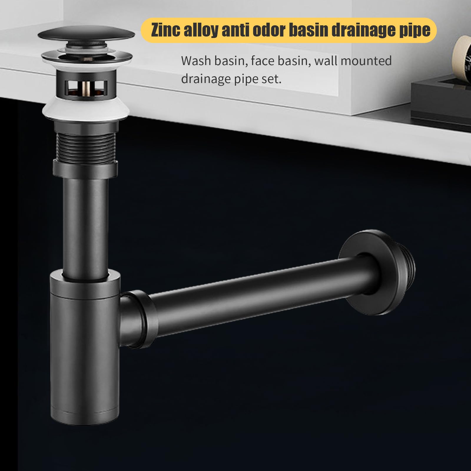 Design Siphon Waschbecken mit Ablaufgarnitur mit Überlauf, Universal Röhrensiphon Abflussrohr und Ablaufventil Pop Up, Messing Syphon Sifon Pop Up Abflussgarnitur Abfluss Waschtisch Bad Schwarz (C)
