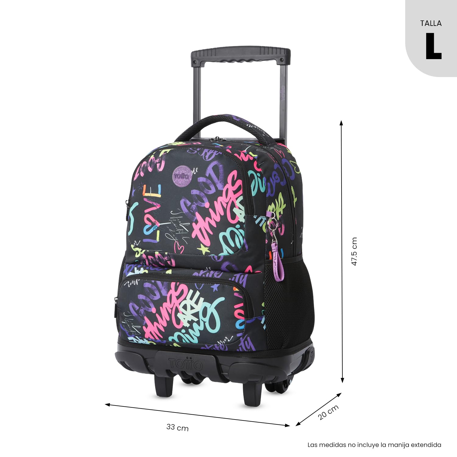 TOTTO - Mochila Escolar con Ruedas, Modelo SKL L, Capacidad 25 L, Mochila Grande, Bolsillo Botella, Bomper Protector, Asa de Mano, Manija Telescópica, Resistente y Cómoda, Estampado Letry
