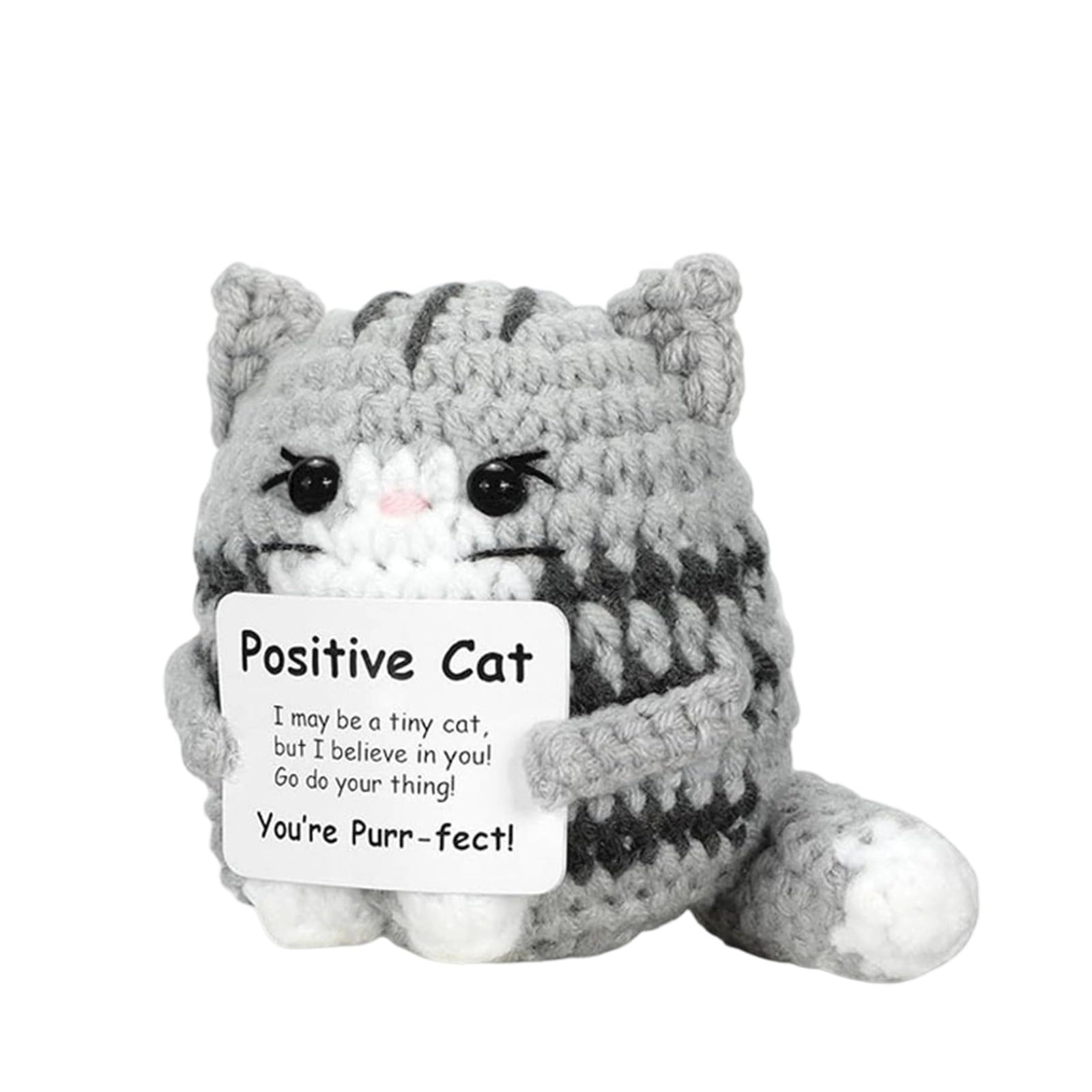 Emotional Support Cat Gift, Funny Positive Crochet Cat with Positive Card, Positive Gifts for Colleague Friend Women Men, Adult Kids Lovers Birthday Thanksgiving Christmas, Good Luck Babe (Gray)