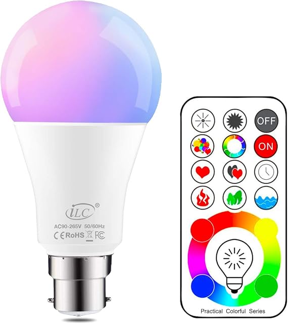 iLC B22 LED Colour Changing Light Bulb with Remote Control RGBW Bayonet - 120 Different Color Choices RGB Daylight and White Dimmable Coloured Timing Function