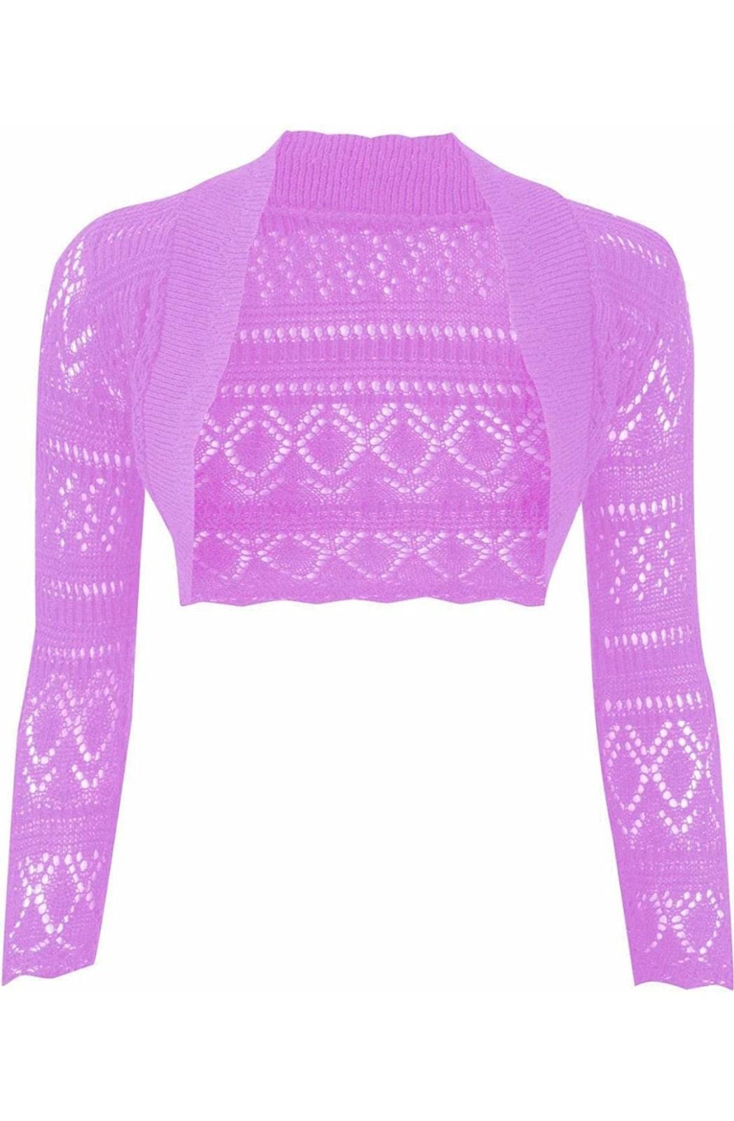 JJ CLOTHING Women's Long Sleeve Crochet Bolero Shrug Plain Cropped Knitted Open Cardigan (Lilac, M/L)