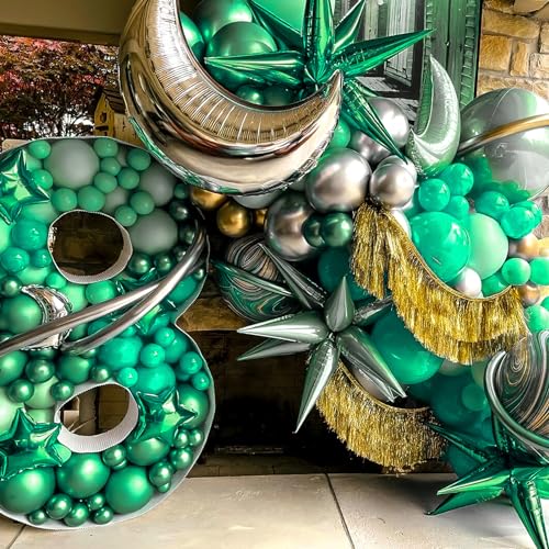 Image of PartyWoo Green Star Foil Balloons 10pcs Different Sizes Pack of 42 27 22 Inch Explosion Spike Mylar Balloons for Birthday Baby Shower Graduation Woodland Dinosaur Jungle Theme Party Decorations