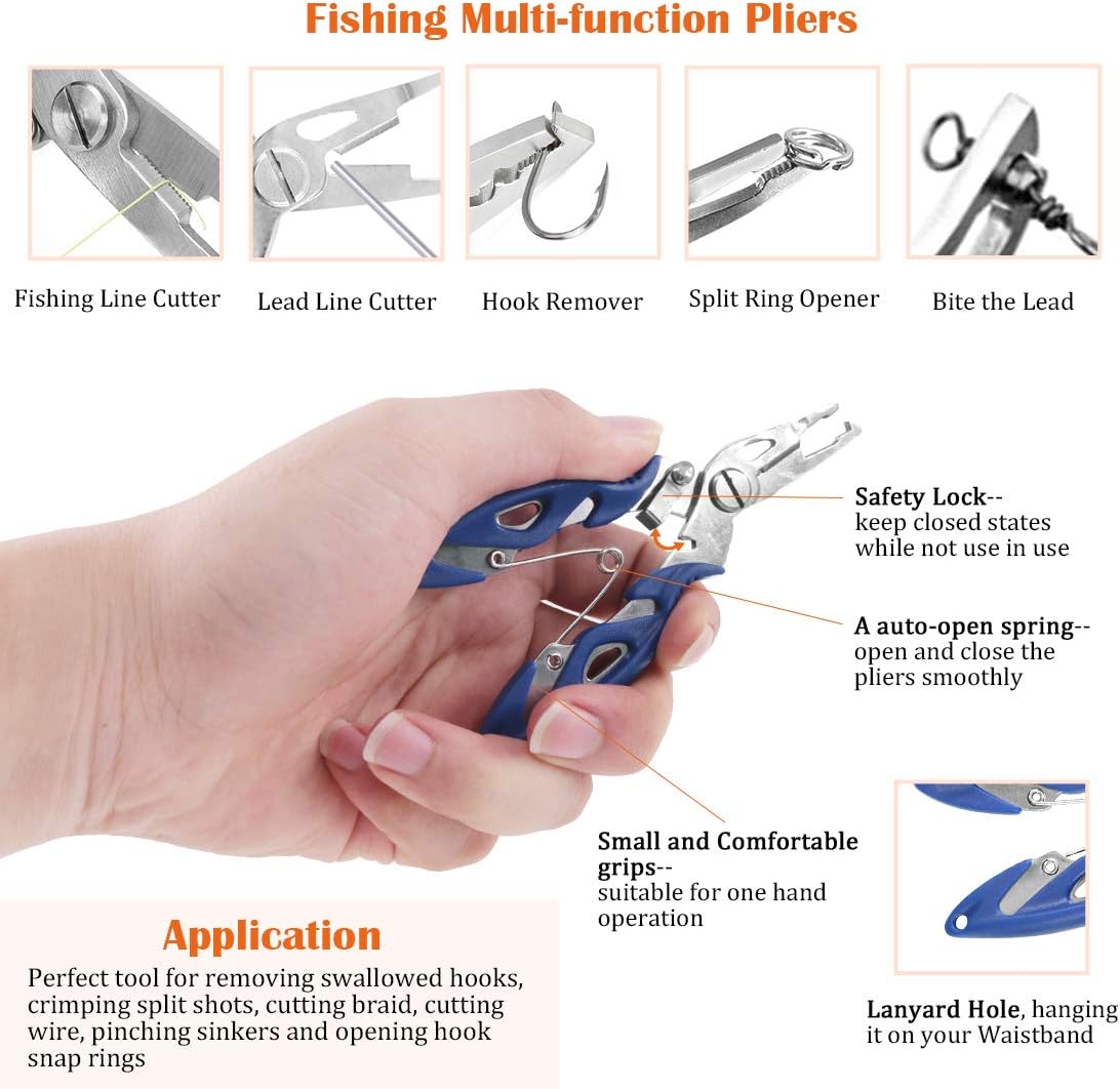 Rustark 201 Pcs Stainless Steel Fishing Split Rings 5 Sizes Double High Strength Lure Tackle Connector kit with Fishing Pliers Fish Hook Remover Fishing Tackle for Freshwater and Saltwater