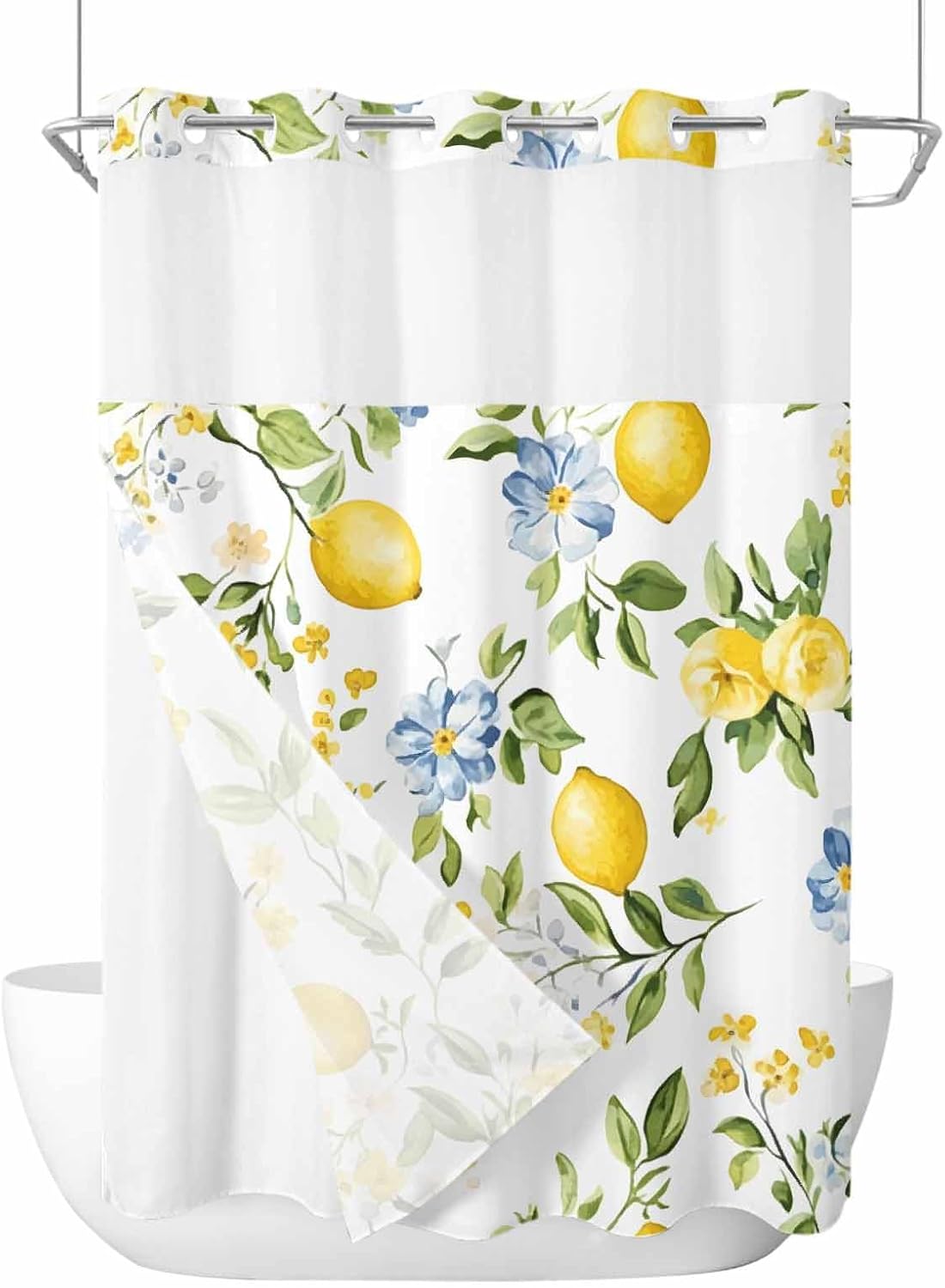 No Hooks Shower Curtain and Snap-in Liner Sets 60"x72",Summer Farm Lemon Flower Leaf Waterproof Fabric Bath Curtain Double Layers Shower Curtains for Bathroom Hotel,Spring Fruit Plant on White