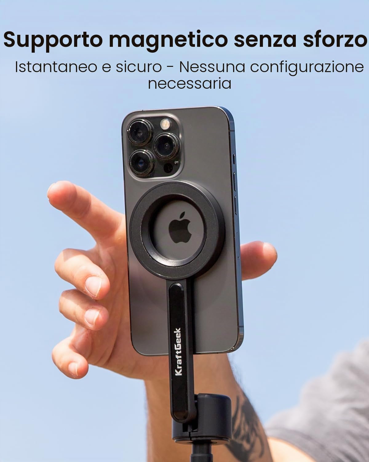 KraftGeek Treppiede magnetico per iPhone MagSafe, bastone per selfie da 64 pollici, supporto Tirpod per registrazione video, vlogging e creazione di contenuti