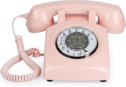 Sangyn Teléfonos fijos rotativos retro rosa con timbre mecánico, control de volumen, redireccional, no requiere alimentación de CA, teléfonos con