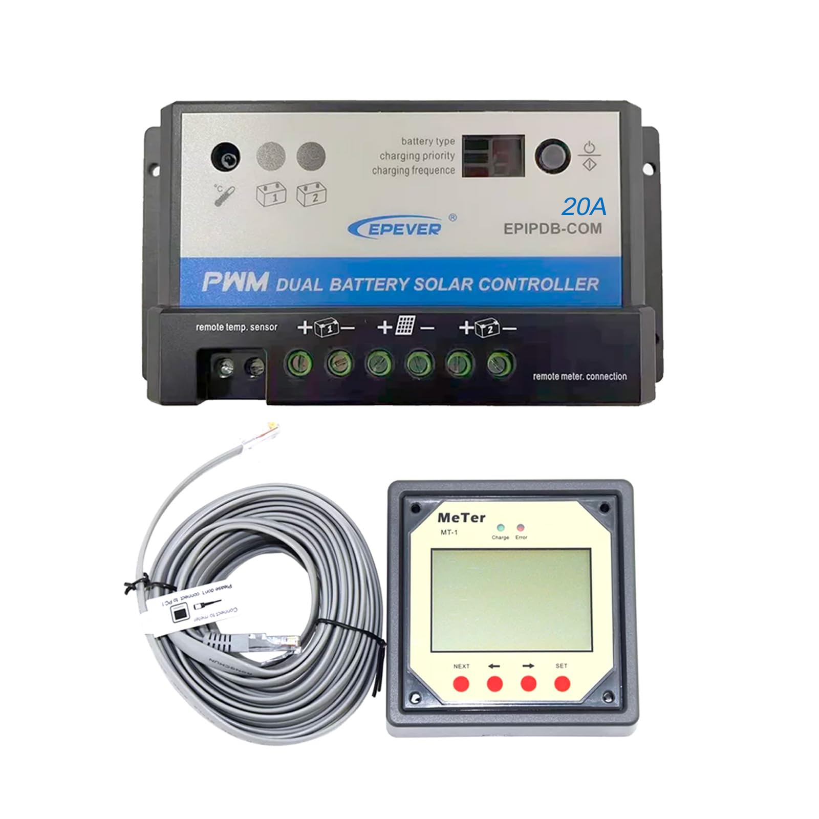 EPEVER® EPIPDB-Com 20A PWM Regolatore di carica per 2 batterie diverse 12/24 V Duo Batterie, con display EPEVER Telecomando MT1