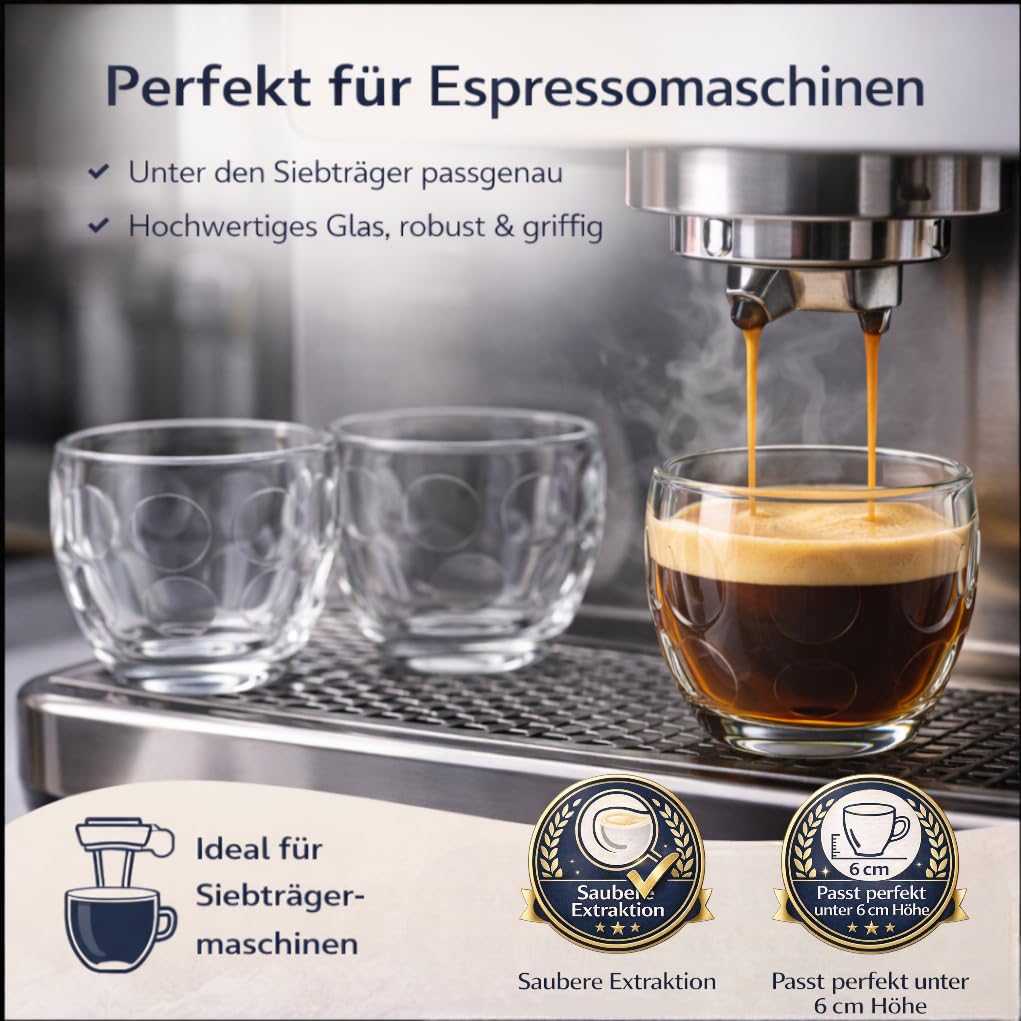 Espressotassen Glas 80ml - 6er Set - Espressogläser Mokkatassen – dickwandig & kristallklar – robuste Espresso Gläser für Siebträgermaschine & Kaffeevollautomat