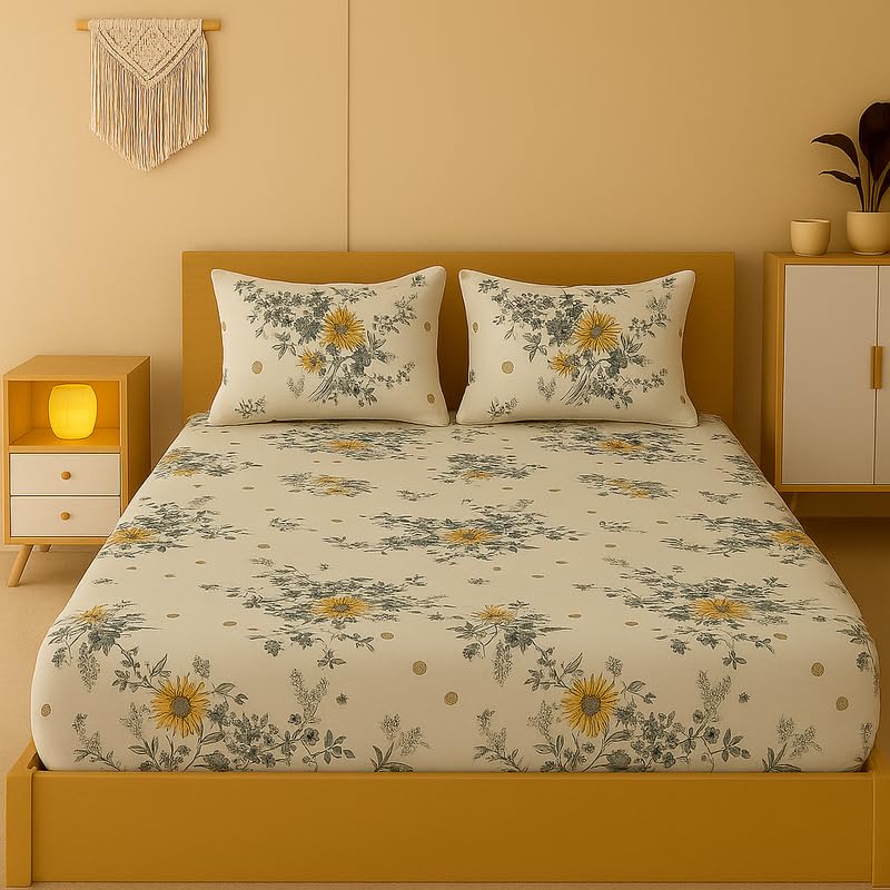 NEW LEAF Cotton Feel Double Bedsheets with 2 Pillow Covers | Double Bed Breathable | Wrinklefree | Ultrasoft 220 tc Supersoft Floral Multicolour | 90 x 90 Inches, Almond NEW LEAF Cotton Feel Double Bedsheets with 2 Pillow Covers | Double Bed Breathable | Wrinklefree | Ultrasoft 220 tc Supersoft Floral Multicolour | 90 x 90 Inches, Almond