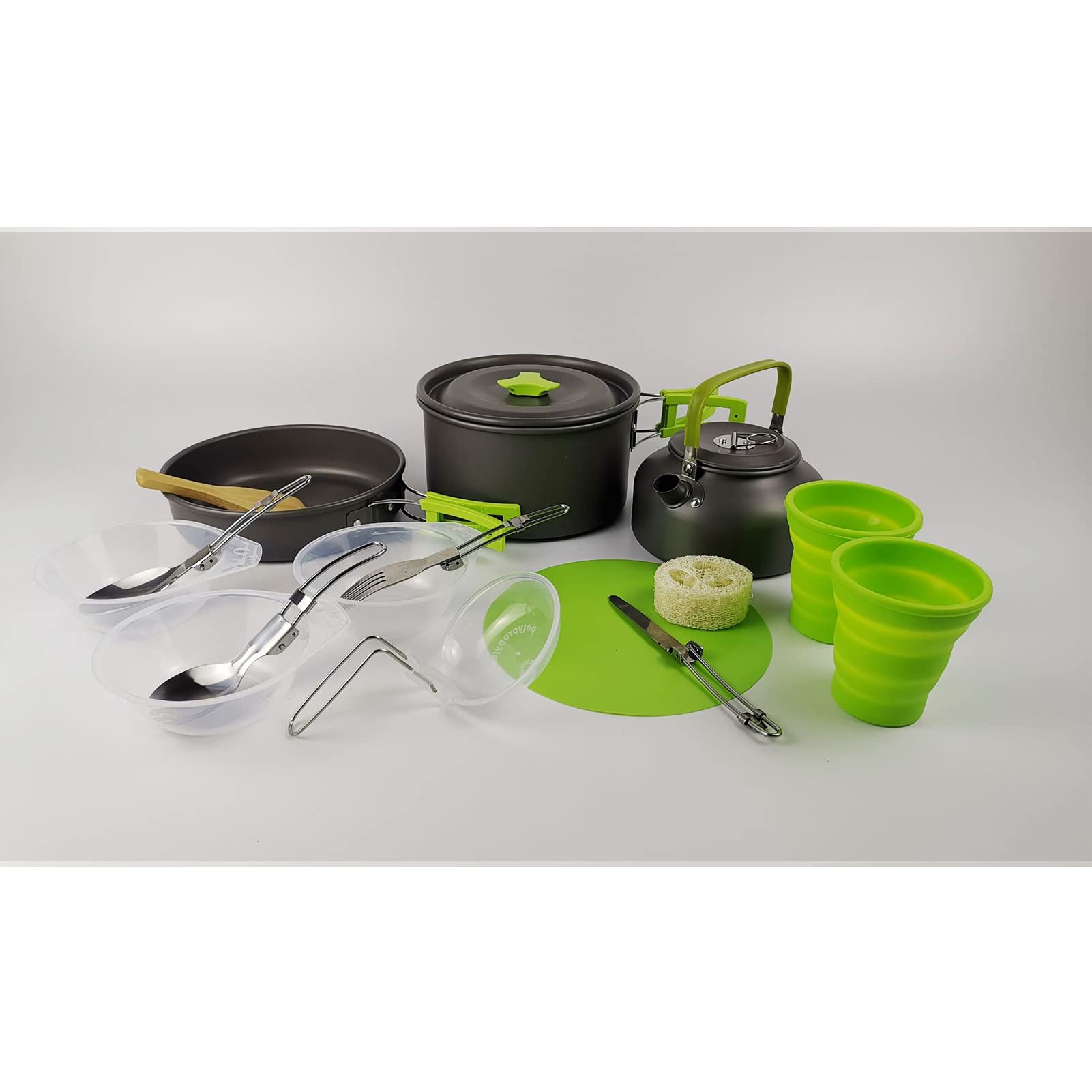 Camping Conjunto Aluminio Camping Kit Utensilios De Cocina para 2-3 Personas, Pan Parrilla Al Aire Libre Portátil Hervidor De Estufa para Picnic Trekking Y Senderism Green-One Size