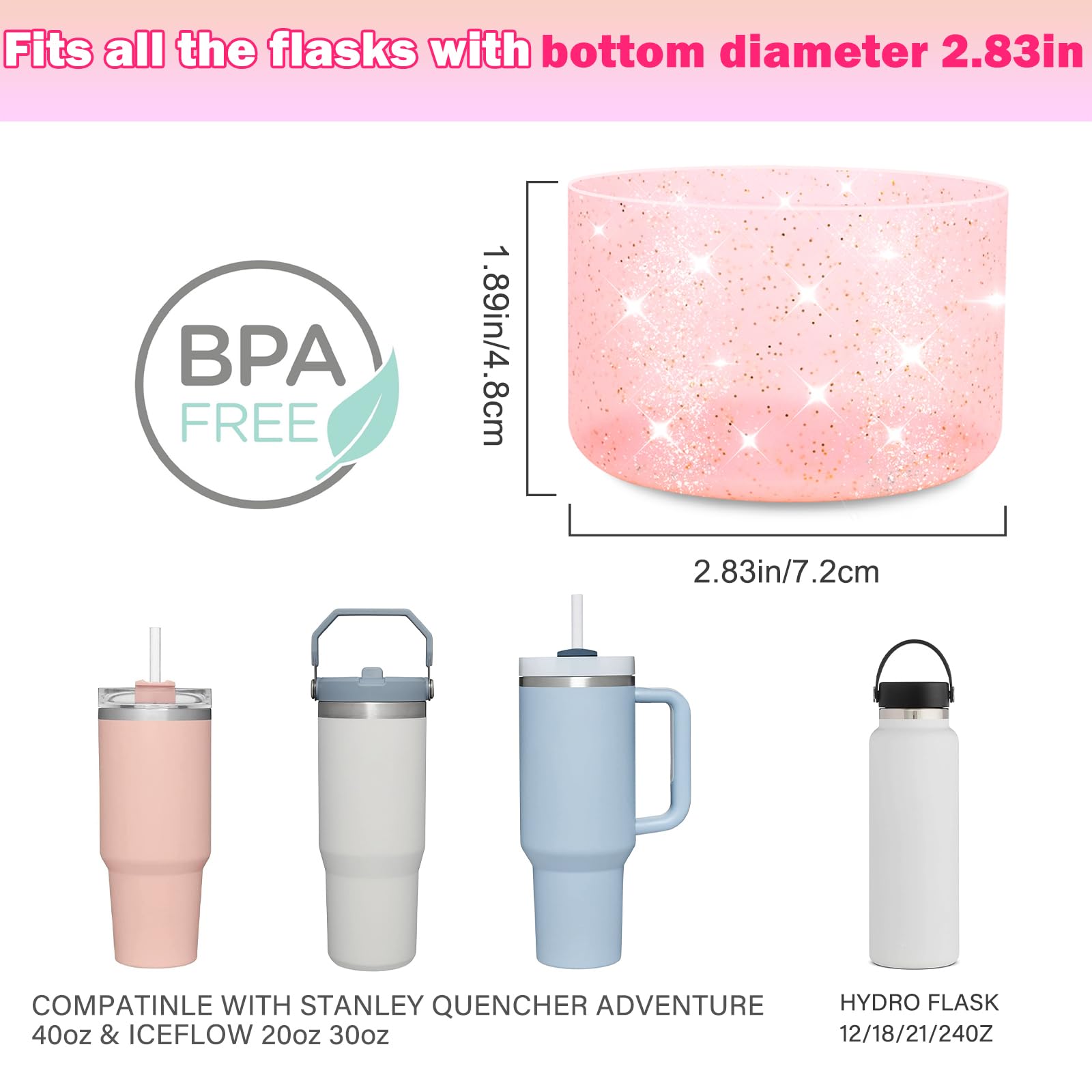 LUCKINEE 2 Pcs Glitter Silicone Boot Base Protector for Stanley Tumbler 20-40oz,and Compatible with Hydro Flask Water Bottle 12-24oz and More bottles with 2.8-2.95in Bottom, Bling Boot