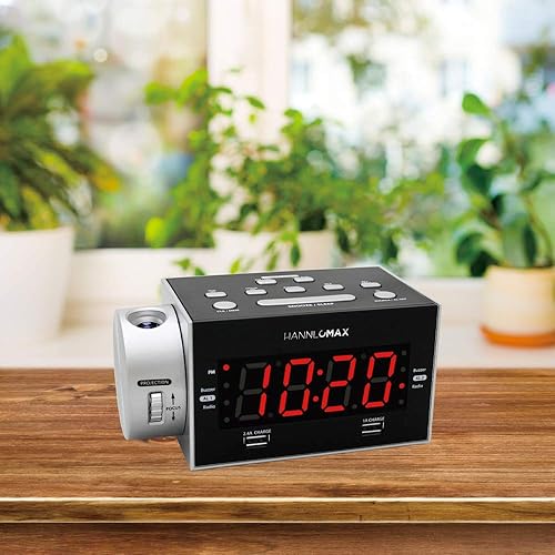 Miniatura 5 de HANNLOMAX HX-135CR - Radio despertador con proyección, radio FM PLL, alarma dual, puertos USB duales para carga de 2.4 A y 1A, pantalla LED roja de