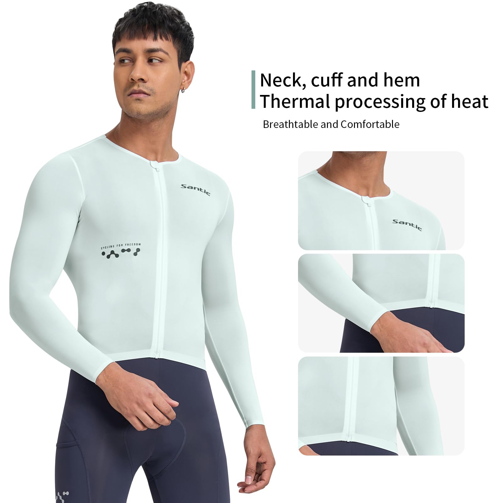 Santic Camiseta de ciclismo para hombre, manga larga, con cremallera completa, UPF 50+, con bolsillos