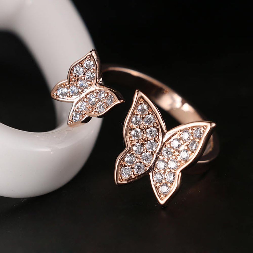 METTU Butterfly Ring for Women Double Butterfly Finger Rings Open Adjustable Cubic Zirconia Ring for Women Copper-Plated Rrose Gold Silver Ring - Image 3